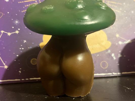 Green and brown mushroom goddess candle